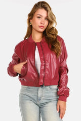 Effortless Leather Jacket for Women with Ribbed Collar Long Sleeve Zip Front Bomber Style