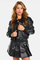 Effortless Leather Jacket for Women with Ribbed Collar Long Sleeve Zip Front Bomber Style