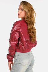 Effortless Leather Jacket for Women with Ribbed Collar Long Sleeve Zip Front Bomber Style
