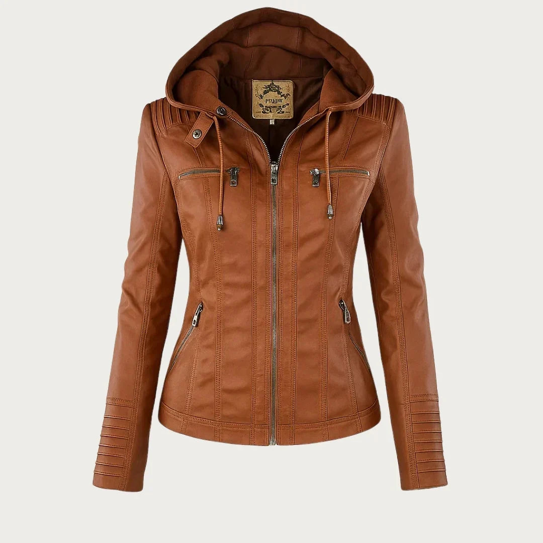 Stylish Hooded Faux Leather Moto Jacket for Women with Zip Front Ribbed Cuff Fitted Biker Style
