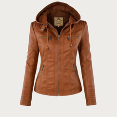 Stylish Hooded Faux Leather Moto Jacket for Women with Zip Front Ribbed Cuff Fitted Biker Style