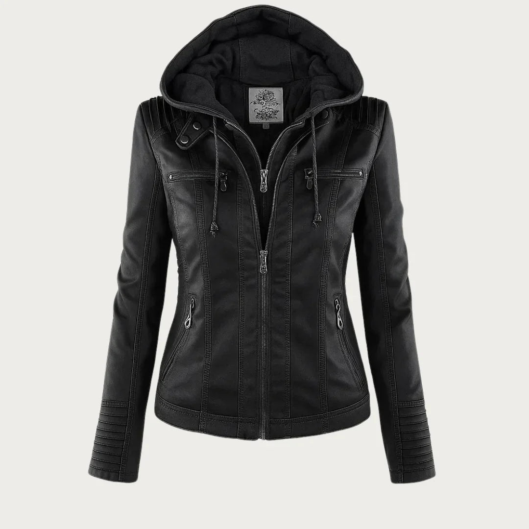 Stylish Hooded Faux Leather Moto Jacket for Women with Zip Front Ribbed Cuff Fitted Biker Style