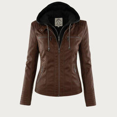 Stylish Hooded Faux Leather Moto Jacket for Women with Zip Front Ribbed Cuff Fitted Biker Style