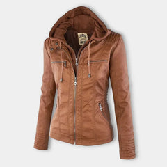 Stylish Hooded Faux Leather Moto Jacket for Women with Zip Front Ribbed Cuff Fitted Biker Style