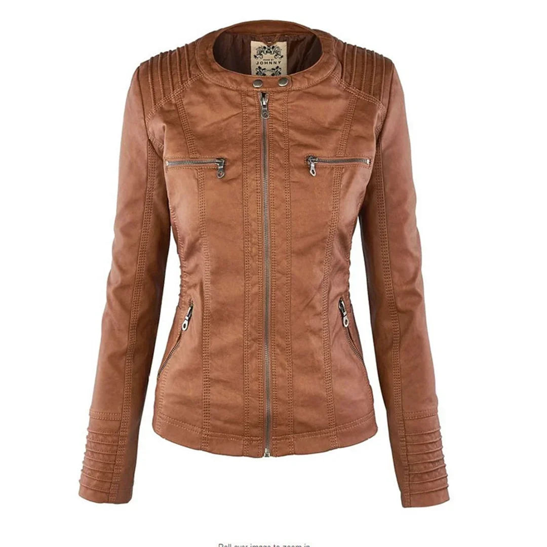 Stylish Hooded Faux Leather Moto Jacket for Women with Zip Front Ribbed Cuff Fitted Biker Style