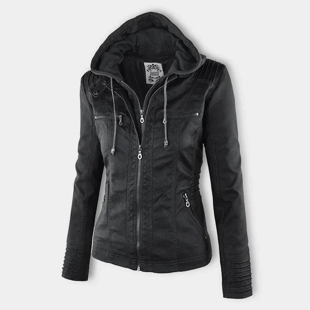 Stylish Hooded Faux Leather Moto Jacket for Women with Zip Front Ribbed Cuff Fitted Biker Style