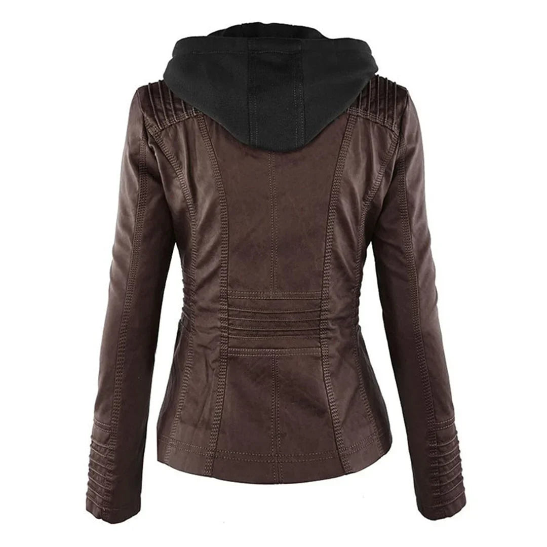 Stylish Hooded Faux Leather Moto Jacket for Women with Zip Front Ribbed Cuff Fitted Biker Style