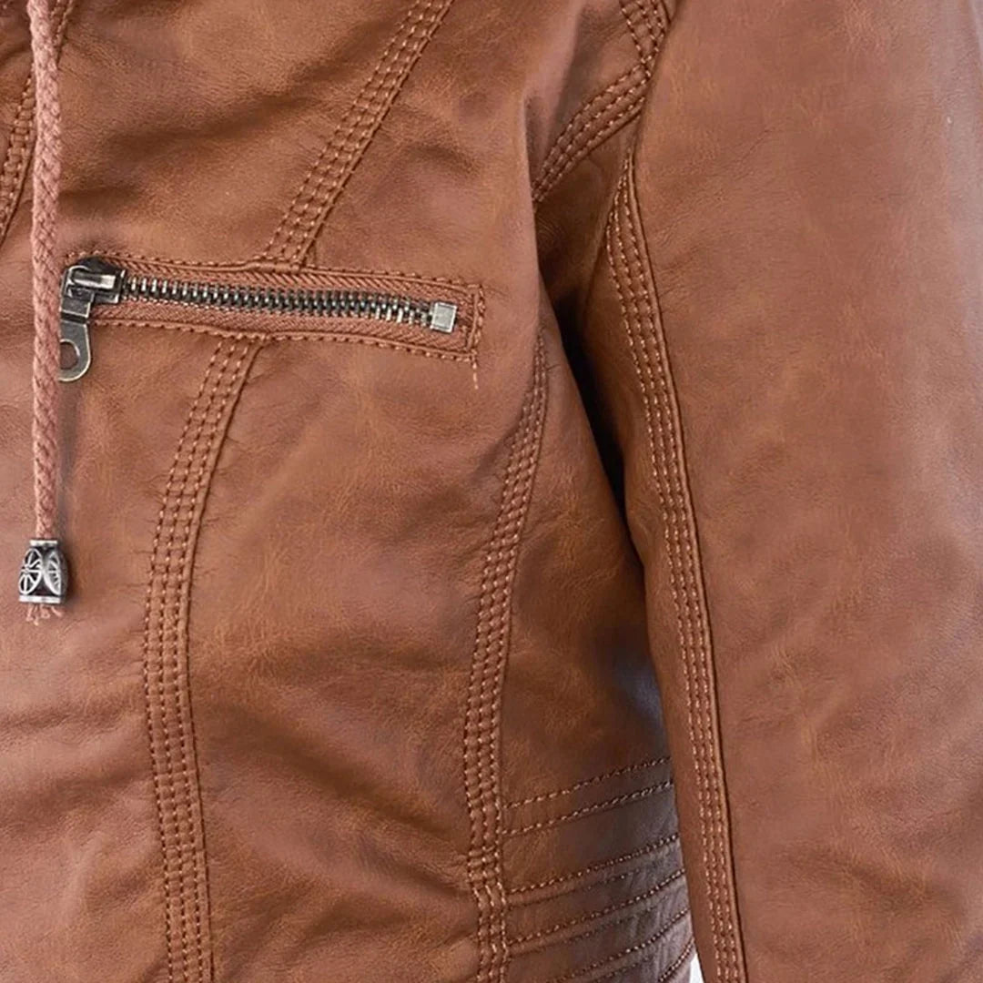 Stylish Hooded Faux Leather Moto Jacket for Women with Zip Front Ribbed Cuff Fitted Biker Style