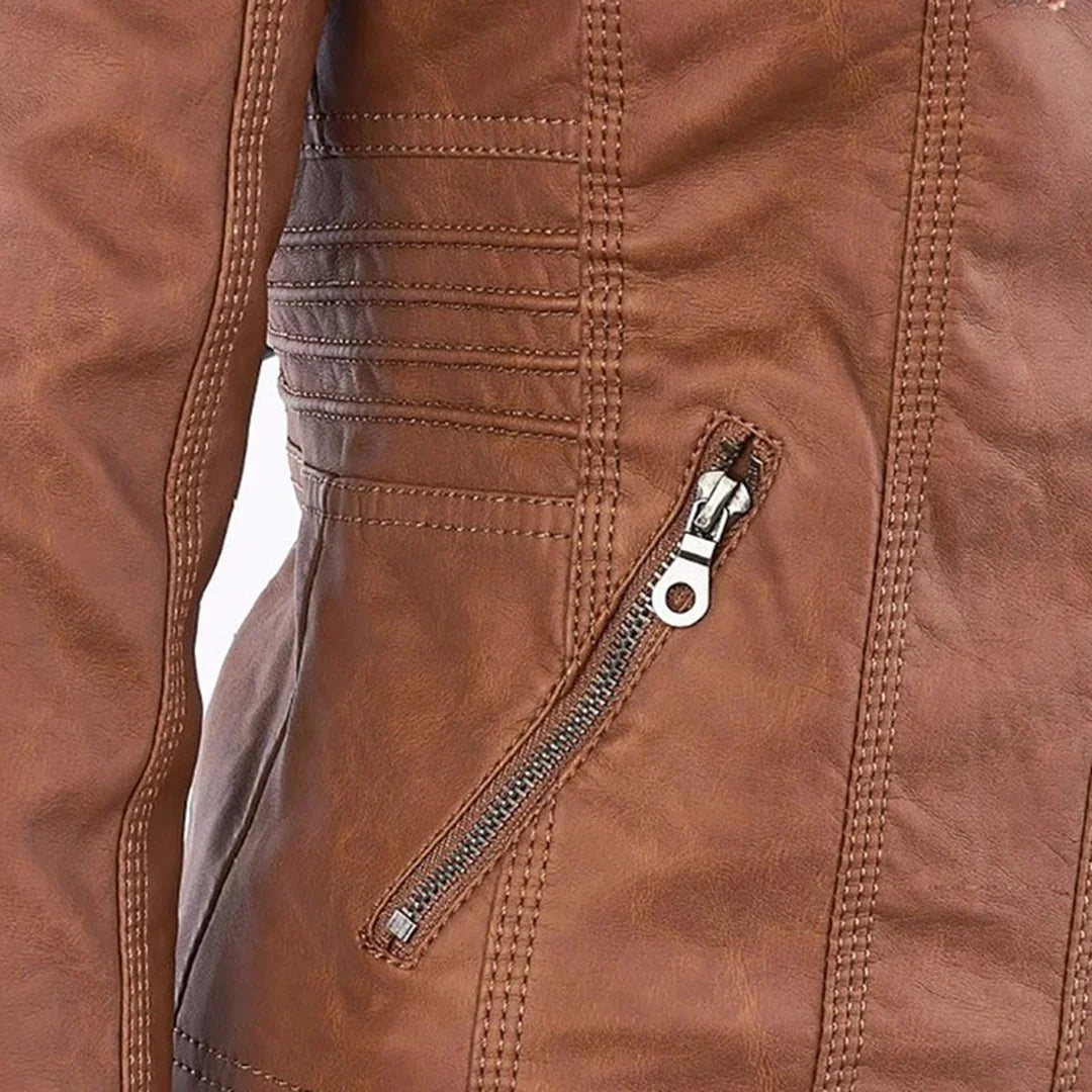 Stylish Hooded Faux Leather Moto Jacket for Women with Zip Front Ribbed Cuff Fitted Biker Style