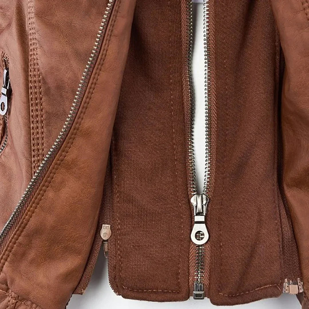 Stylish Hooded Faux Leather Moto Jacket for Women with Zip Front Ribbed Cuff Fitted Biker Style