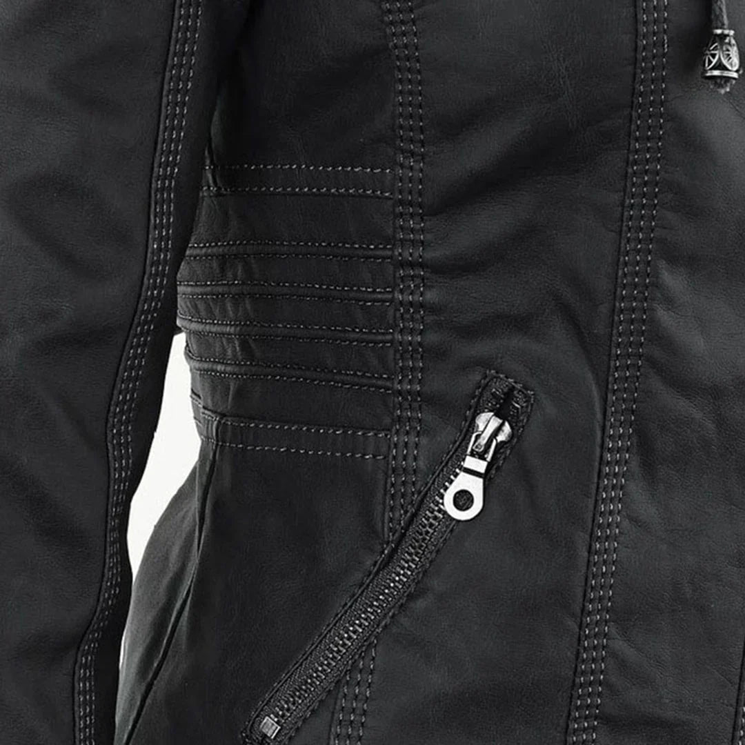 Stylish Hooded Faux Leather Moto Jacket for Women with Zip Front Ribbed Cuff Fitted Biker Style
