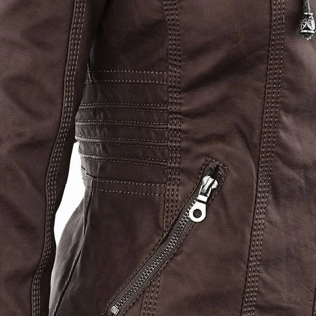 Stylish Hooded Faux Leather Moto Jacket for Women with Zip Front Ribbed Cuff Fitted Biker Style