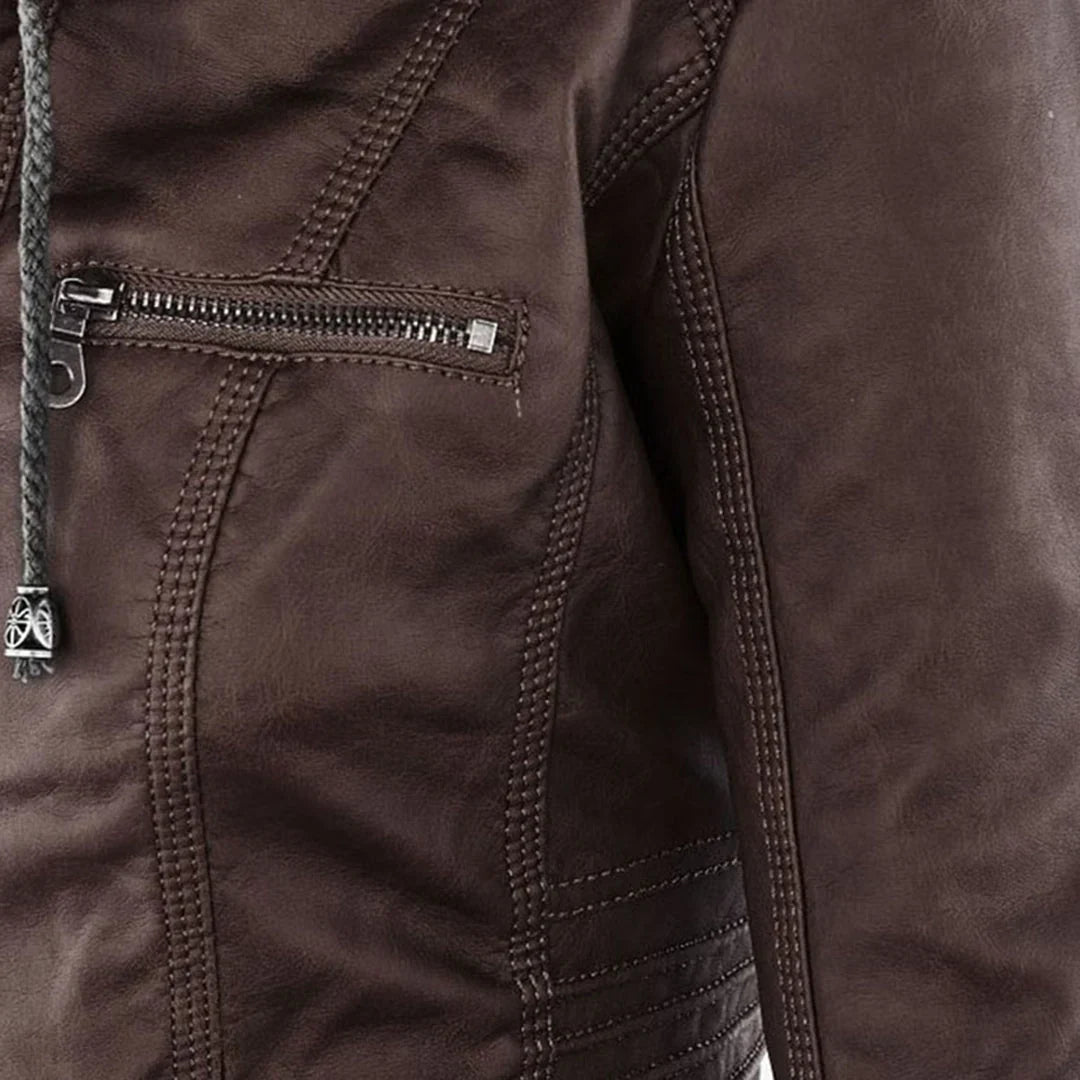 Stylish Hooded Faux Leather Moto Jacket for Women with Zip Front Ribbed Cuff Fitted Biker Style