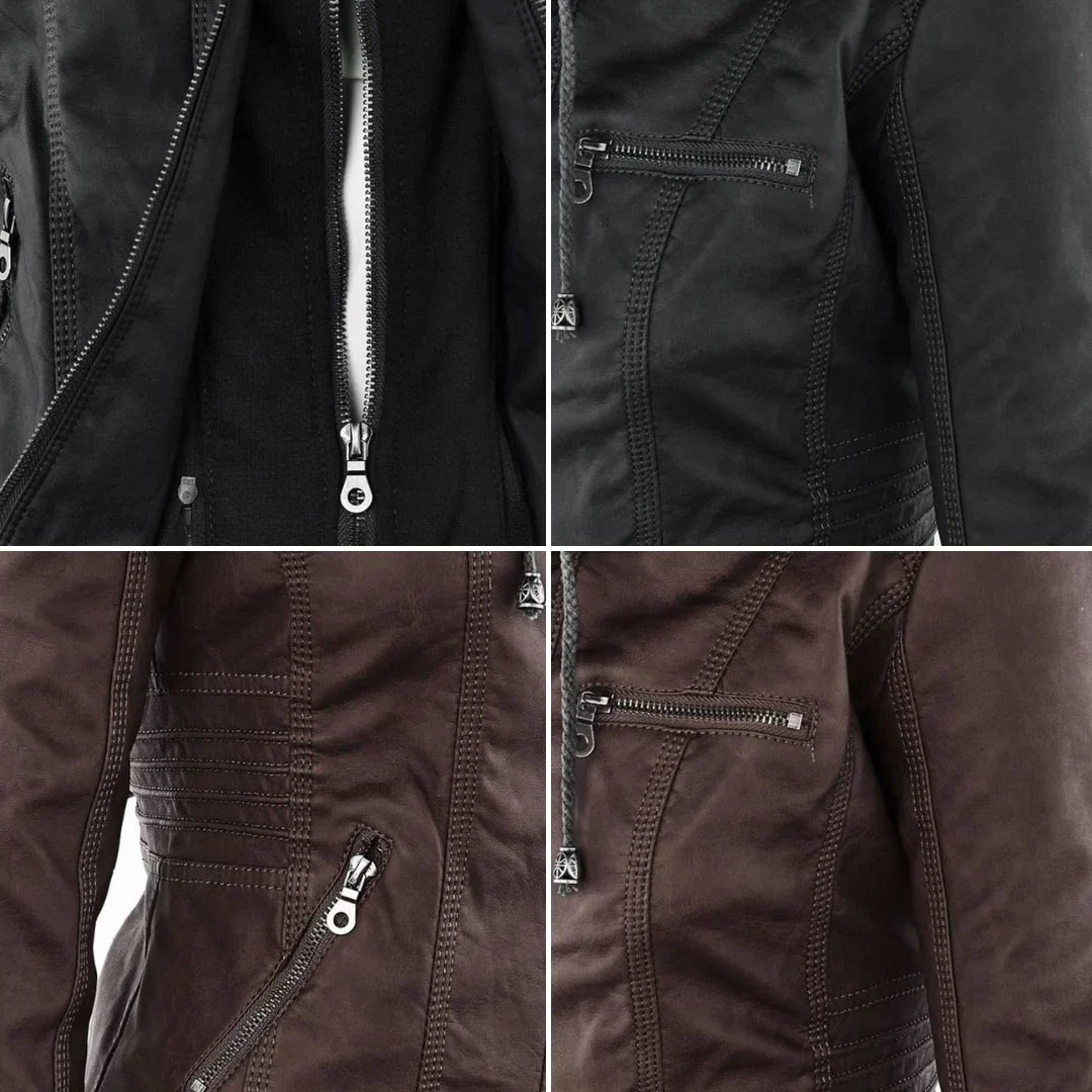 Stylish Hooded Faux Leather Moto Jacket for Women with Zip Front Ribbed Cuff Fitted Biker Style