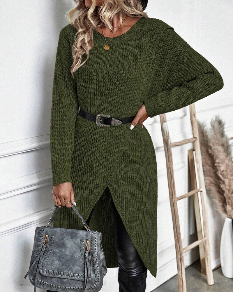 Cozy Olive Green Sweater Dress for Women with Crew Neck Long Sleeve Ribbed Knit Wrap Hem Style