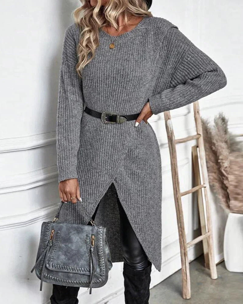 Cozy Olive Green Sweater Dress for Women with Crew Neck Long Sleeve Ribbed Knit Wrap Hem Style