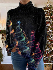 Comfortable Women's Xmas Sweater with Turtleneck Long Sleeve Glitter Tree Print Knit Style