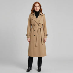 Elegant Winter Trench Coat for Women with Notched Lapel Long Sleeve Double Breasted Belted Waist Style