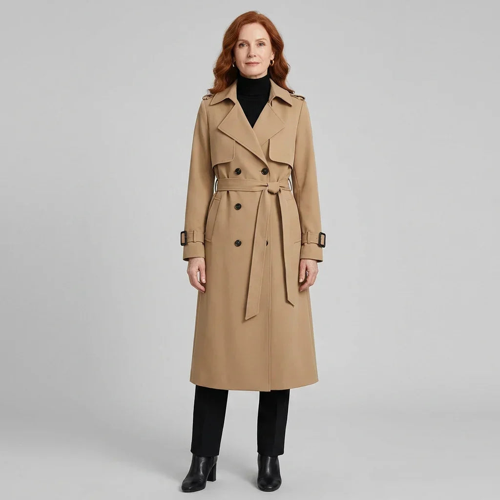 Elegant Winter Trench Coat for Women with Notched Lapel Long Sleeve Double Breasted Belted Waist Style