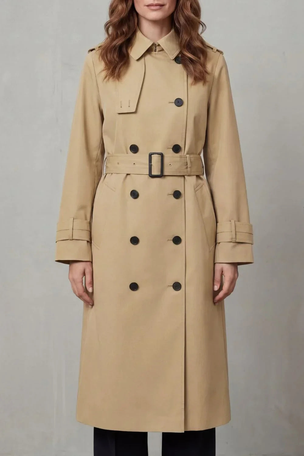 Classic Winter Trench Coat for Women with Notched Lapel Long Sleeve Double Breasted Belted Style