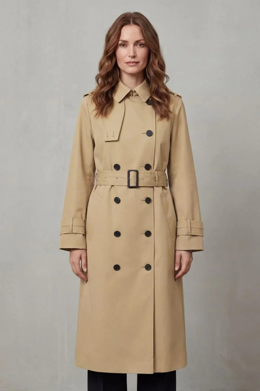 Classic Winter Trench Coat for Women with Notched Lapel Long Sleeve Double Breasted Belted Style