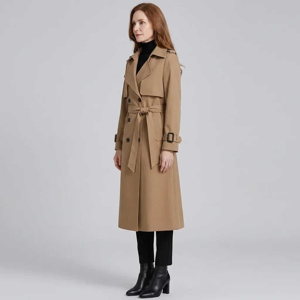 Elegant Winter Trench Coat for Women with Notched Lapel Long Sleeve Double Breasted Belted Waist Style