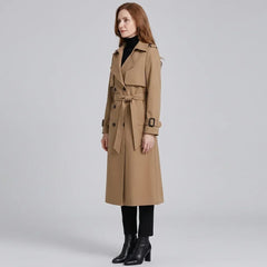 Elegant Winter Trench Coat for Women with Notched Lapel Long Sleeve Double Breasted Belted Waist Style
