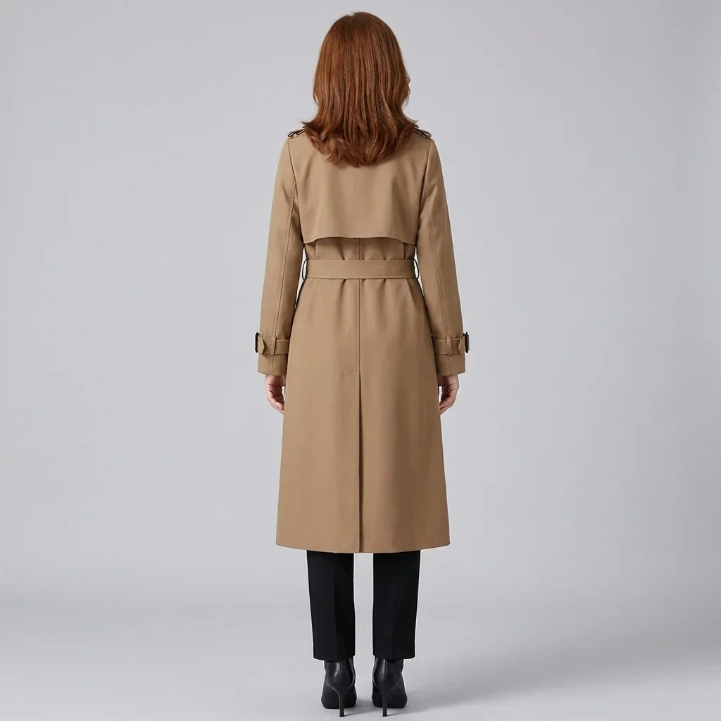 Elegant Winter Trench Coat for Women with Notched Lapel Long Sleeve Double Breasted Belted Waist Style