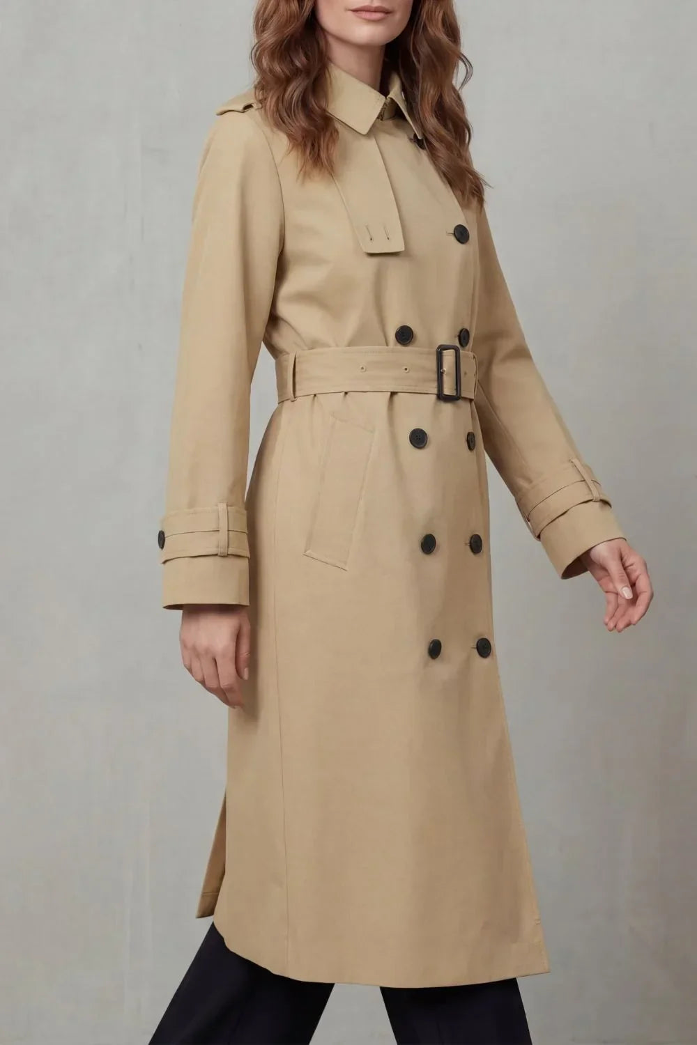 Classic Winter Trench Coat for Women with Notched Lapel Long Sleeve Double Breasted Belted Style