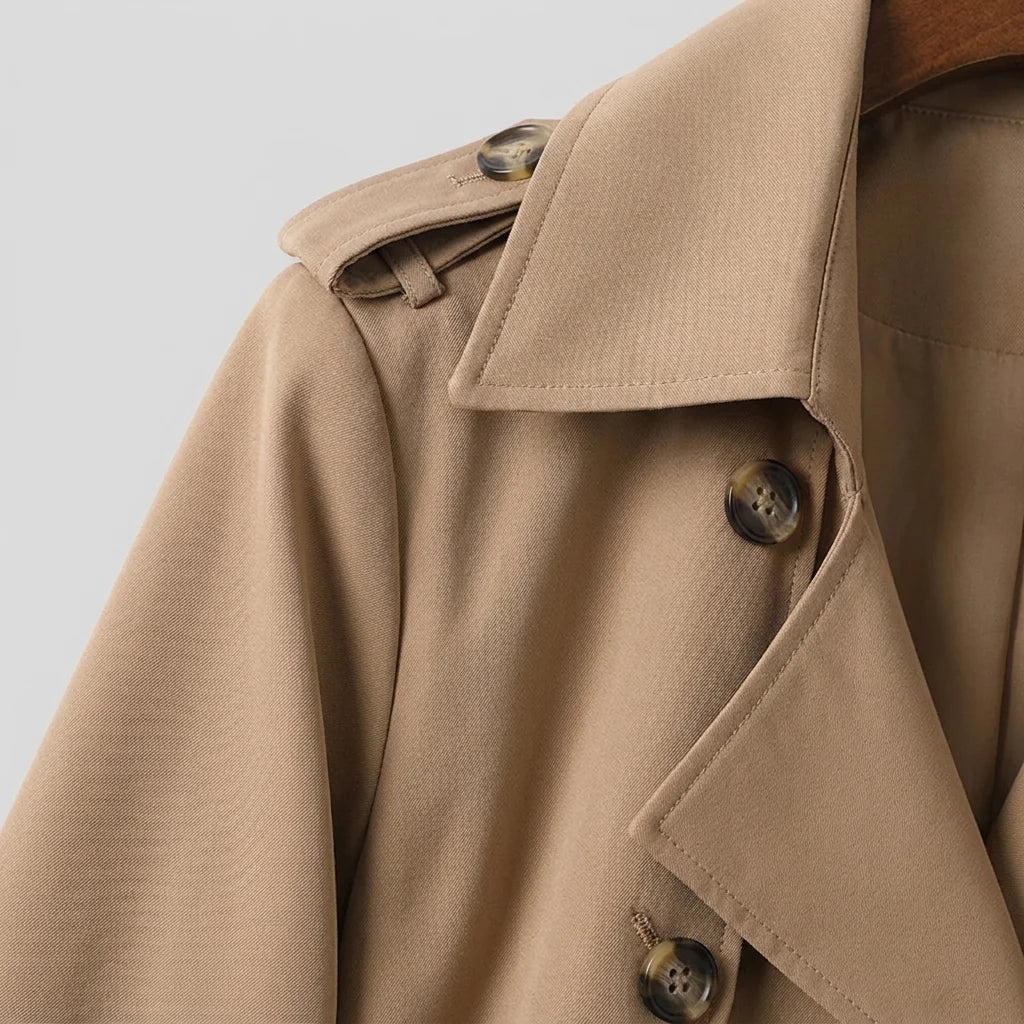 Elegant Winter Trench Coat for Women with Notched Lapel Long Sleeve Double Breasted Belted Waist Style