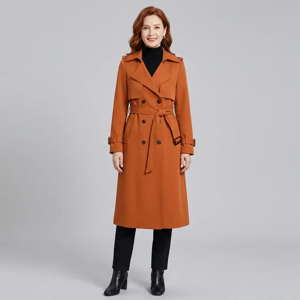 Elegant Winter Trench Coat for Women with Notched Lapel Long Sleeve Double Breasted Belted Waist Style