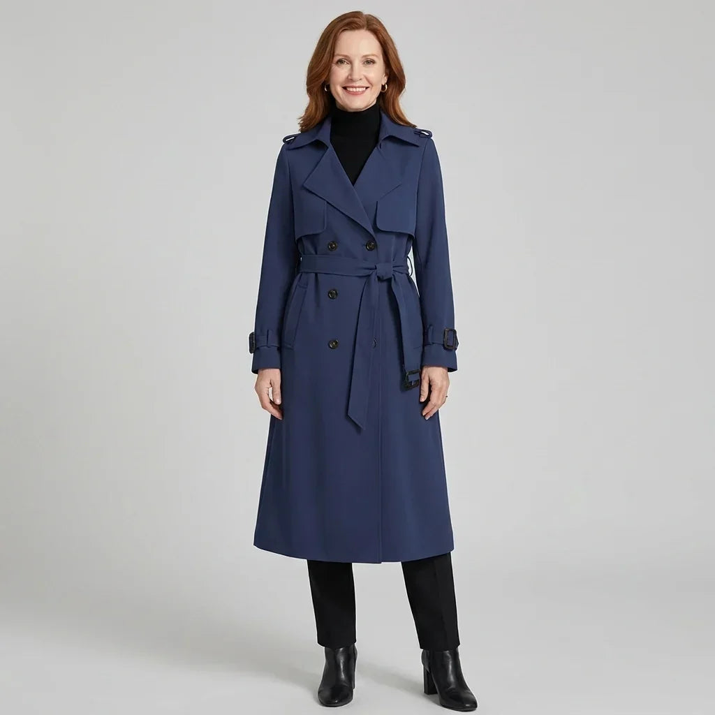 Elegant Winter Trench Coat for Women with Notched Lapel Long Sleeve Double Breasted Belted Waist Style