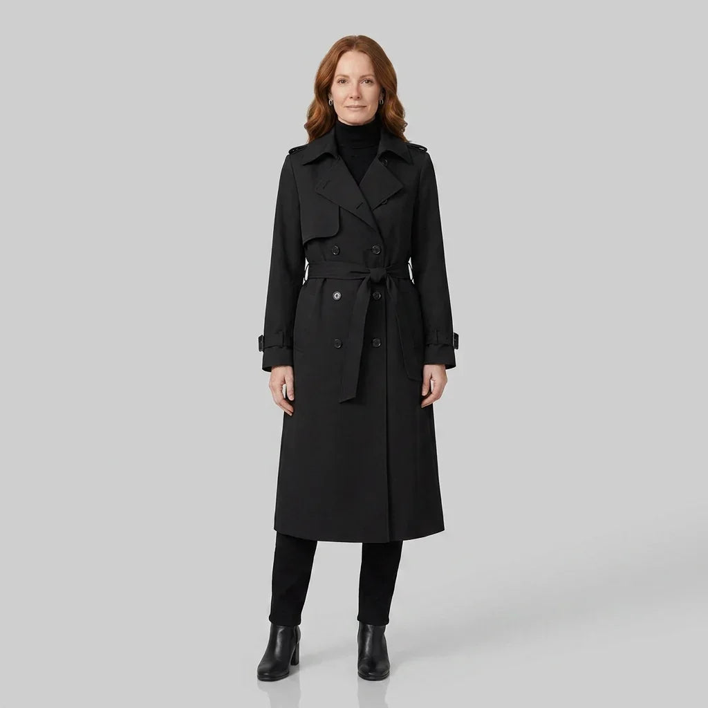 Elegant Winter Trench Coat for Women with Notched Lapel Long Sleeve Double Breasted Belted Waist Style