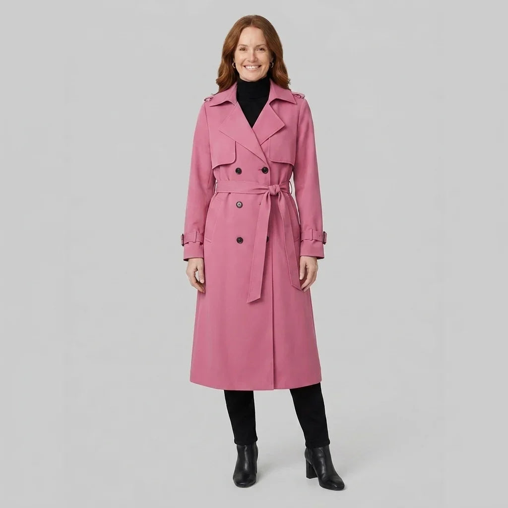 Elegant Winter Trench Coat for Women with Notched Lapel Long Sleeve Double Breasted Belted Waist Style