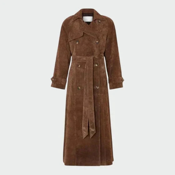 Elegant Brown Suede Trench Coat for Women with Notched Lapel Long Sleeve Belted Double Breasted Style