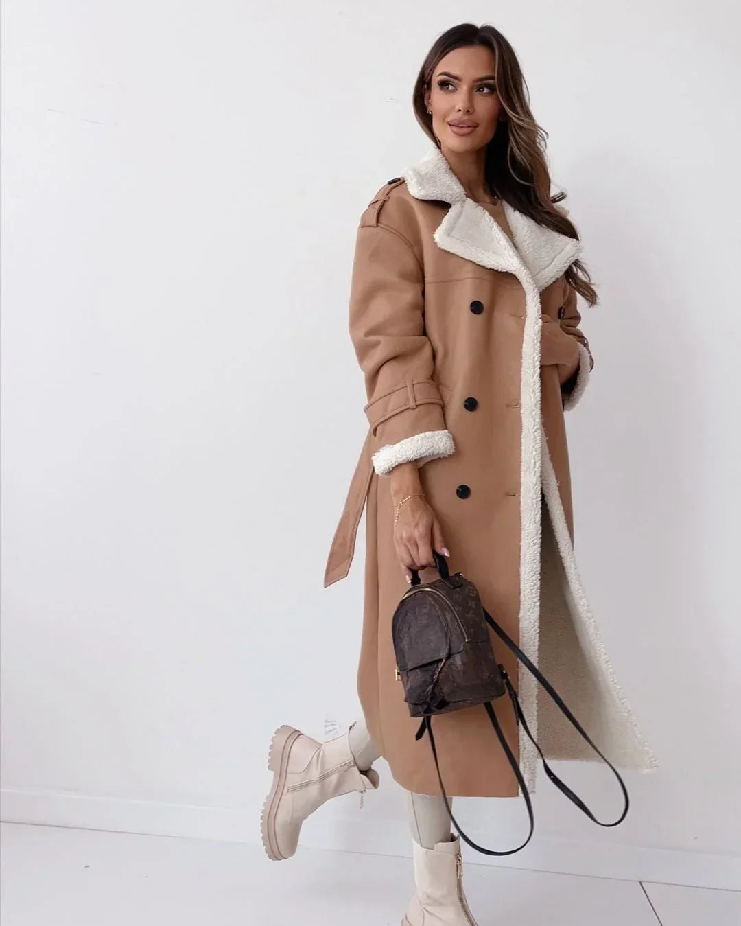 Cozy Trench Coat for Women with Notched Lapel Long Sleeve Double Breasted Faux Fur Lined Warm Style