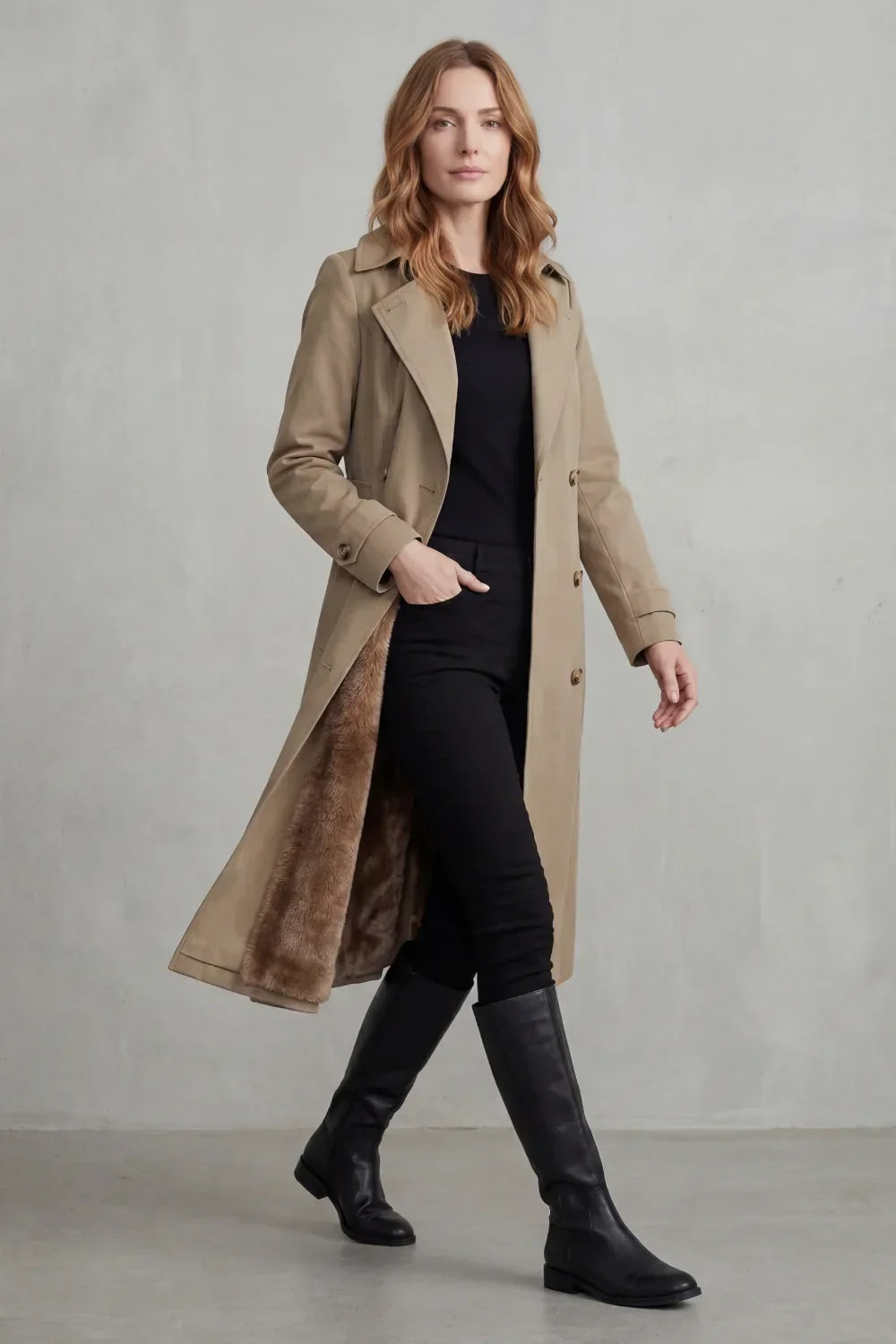 Cozy Winter Trench Coat for Women with Notched Lapel Long Sleeve Double Breasted Faux Fur Lined Long Style