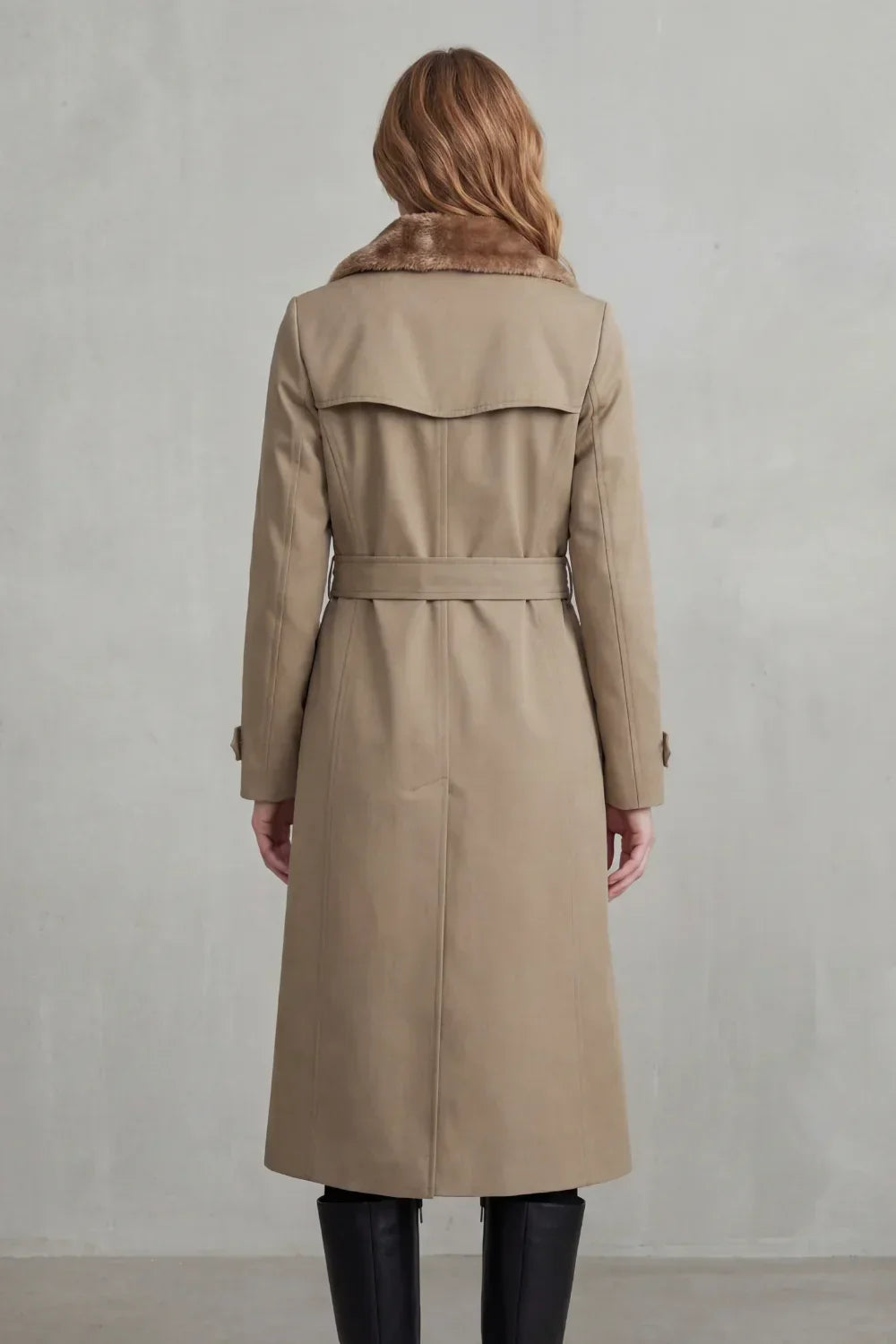 Cozy Winter Trench Coat for Women with Notched Lapel Long Sleeve Double Breasted Faux Fur Lined Long Style