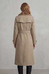 Cozy Winter Trench Coat for Women with Notched Lapel Long Sleeve Double Breasted Faux Fur Lined Long Style