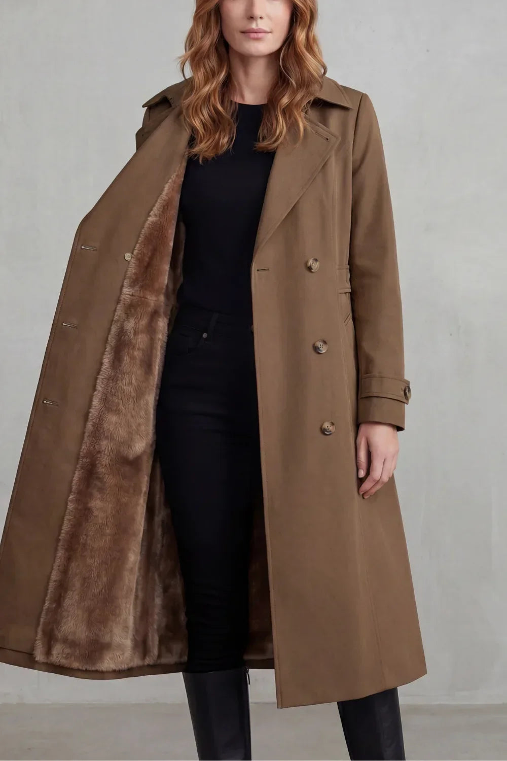 Cozy Winter Trench Coat for Women with Notched Lapel Long Sleeve Double Breasted Faux Fur Lined Long Style