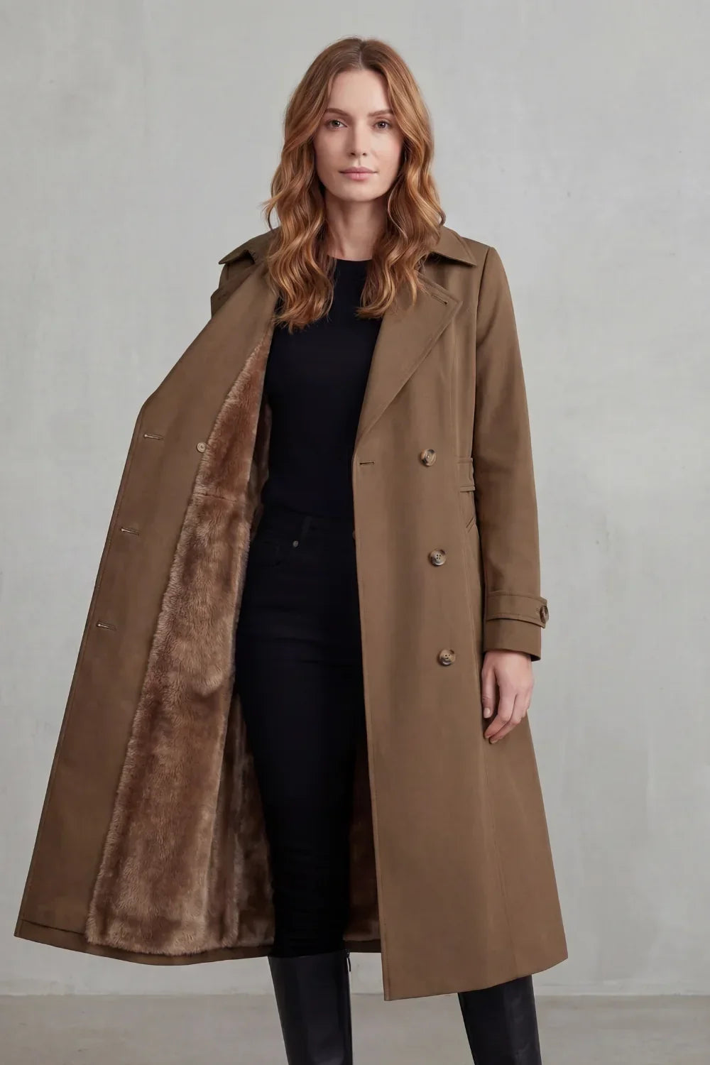 Cozy Winter Trench Coat for Women with Notched Lapel Long Sleeve Double Breasted Faux Fur Lined Long Style