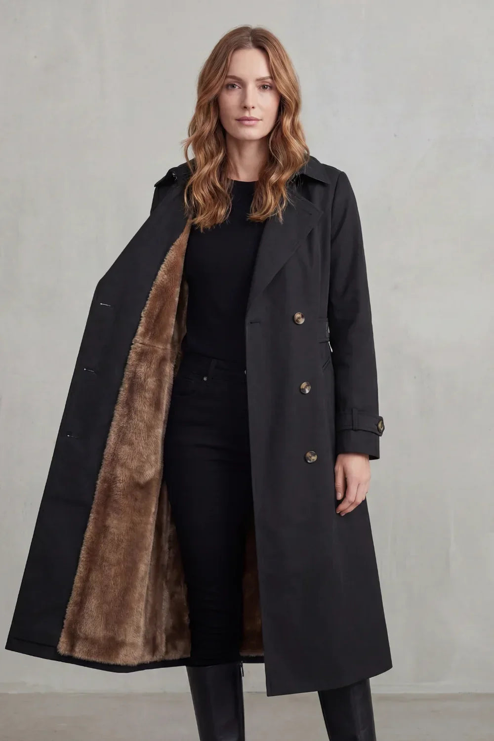 Cozy Winter Trench Coat for Women with Notched Lapel Long Sleeve Double Breasted Faux Fur Lined Long Style