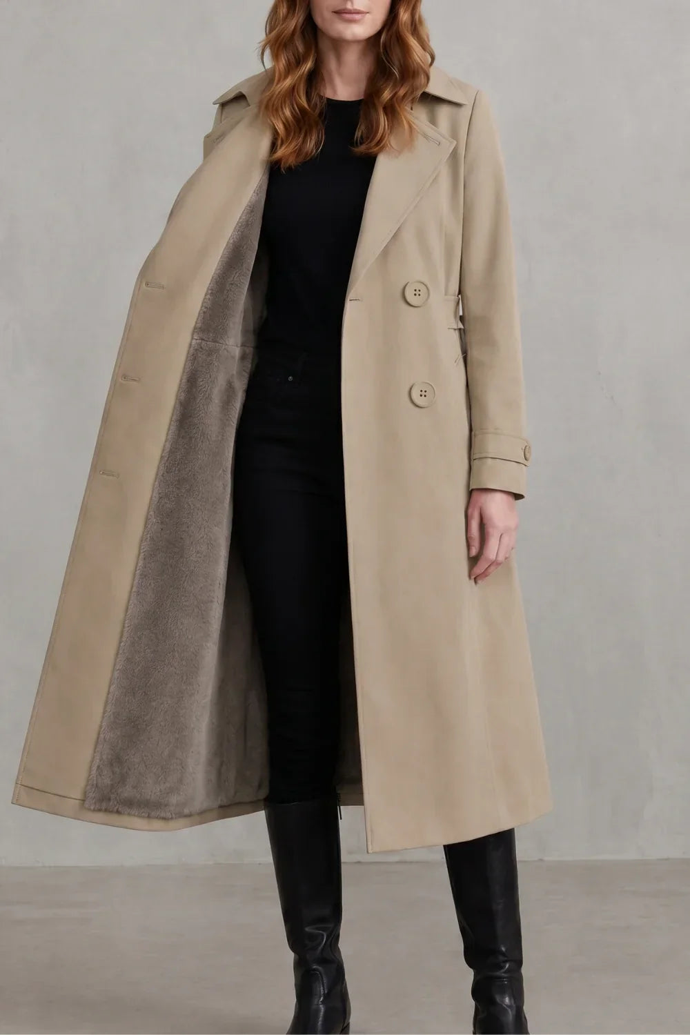 Cozy Winter Trench Coat for Women with Notched Lapel Long Sleeve Double Breasted Faux Fur Lined Long Style