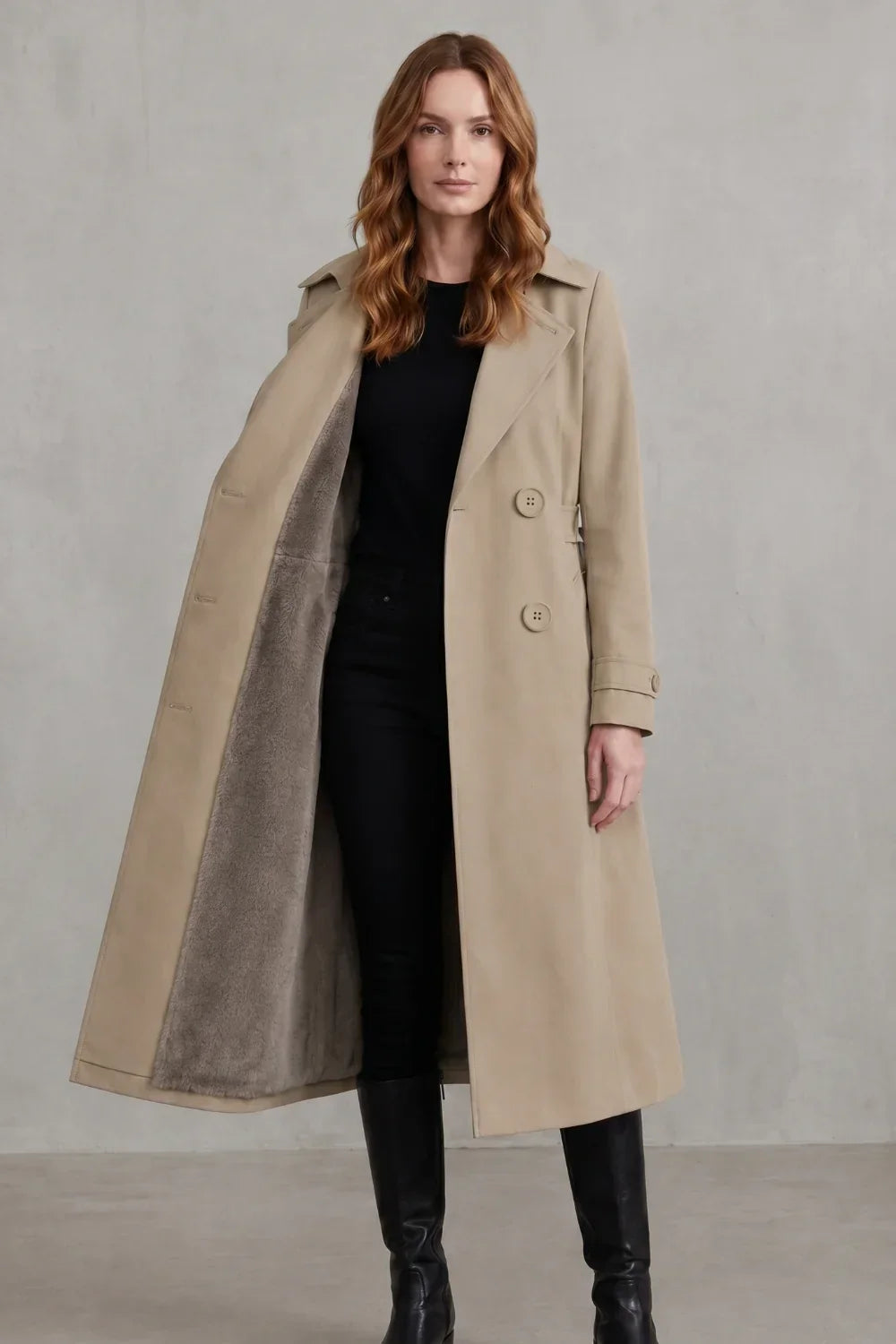 Cozy Winter Trench Coat for Women with Notched Lapel Long Sleeve Double Breasted Faux Fur Lined Long Style