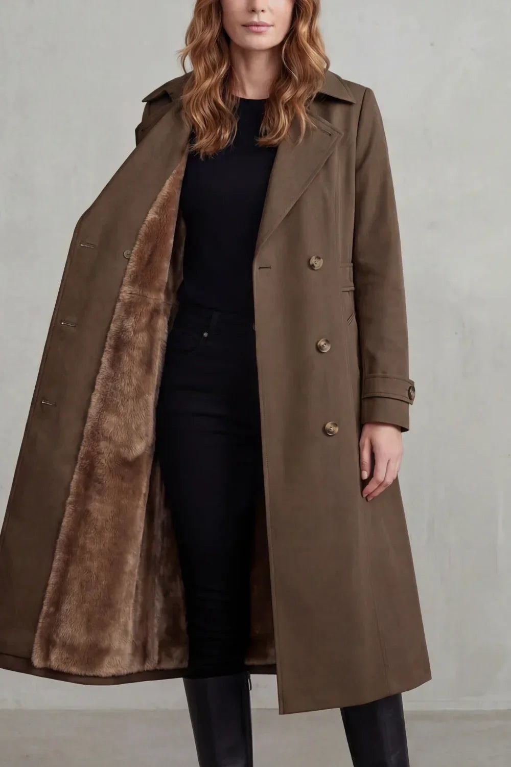 Cozy Winter Trench Coat for Women with Notched Lapel Long Sleeve Double Breasted Faux Fur Lined Long Style