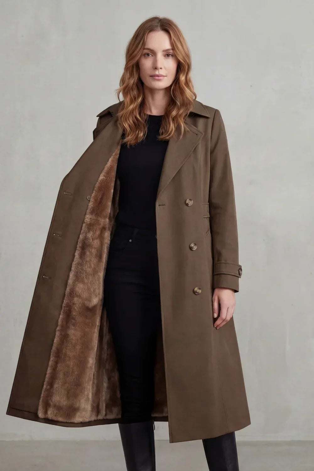 Cozy Winter Trench Coat for Women with Notched Lapel Long Sleeve Double Breasted Faux Fur Lined Long Style