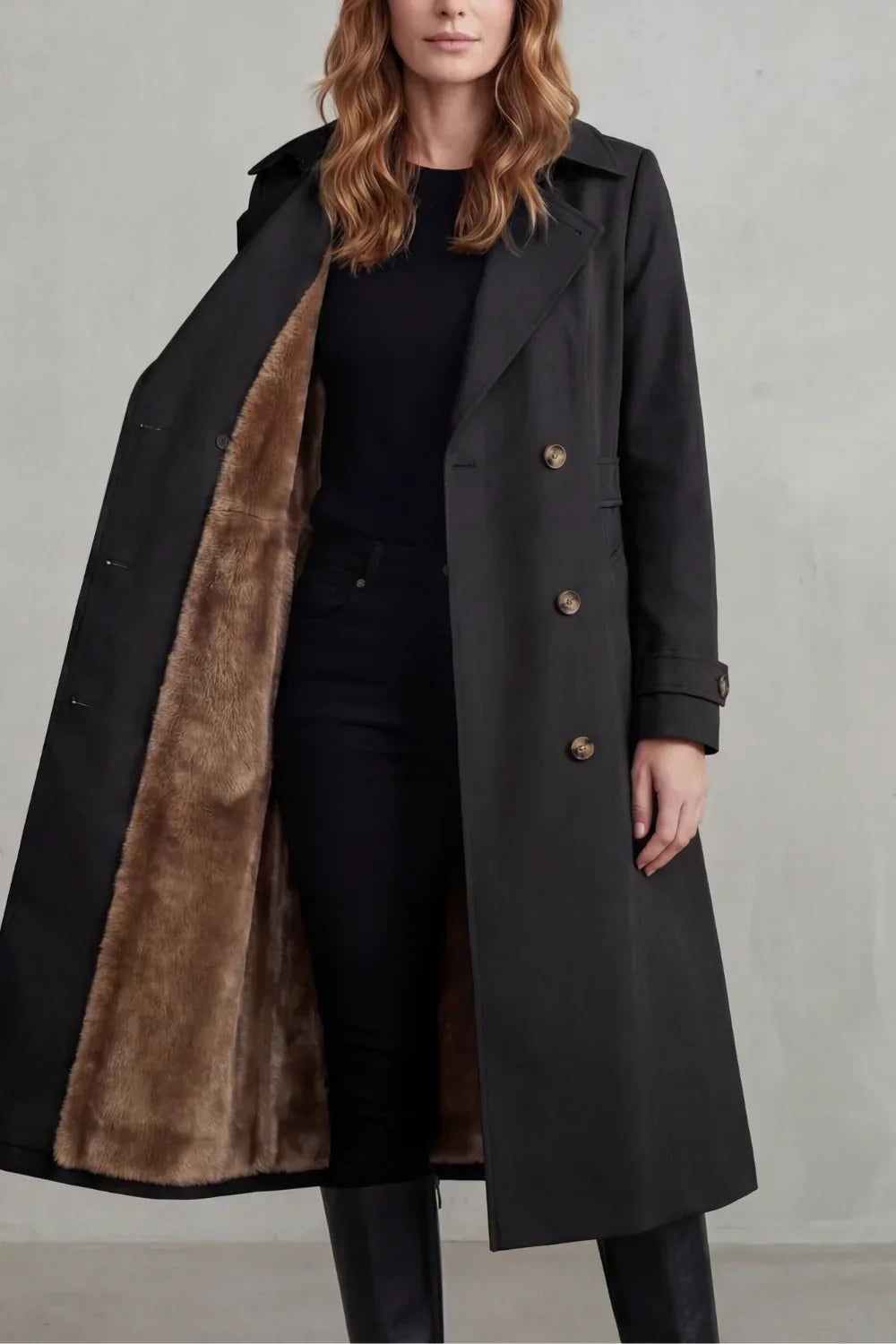 Cozy Winter Trench Coat for Women with Notched Lapel Long Sleeve Double Breasted Faux Fur Lined Long Style