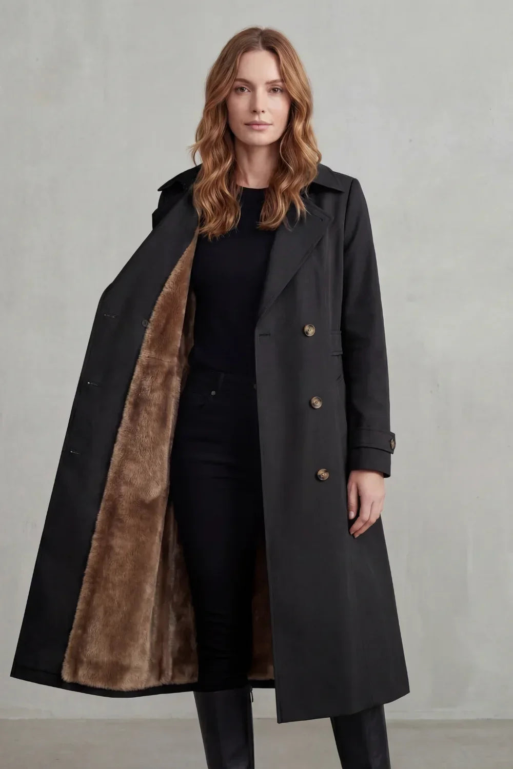 Cozy Winter Trench Coat for Women with Notched Lapel Long Sleeve Double Breasted Faux Fur Lined Long Style