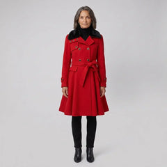 Elegant Winter Trench Coat for Women with Faux Fur Collar Long Sleeve Double Breasted Belted Fit and Flare Style