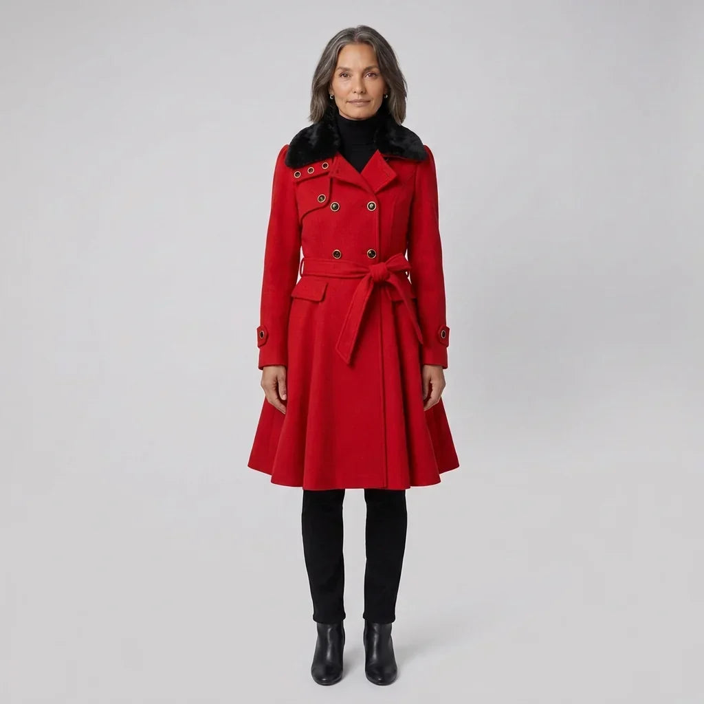 Elegant Winter Trench Coat for Women with Faux Fur Collar Long Sleeve Double Breasted Belted Fit and Flare Style